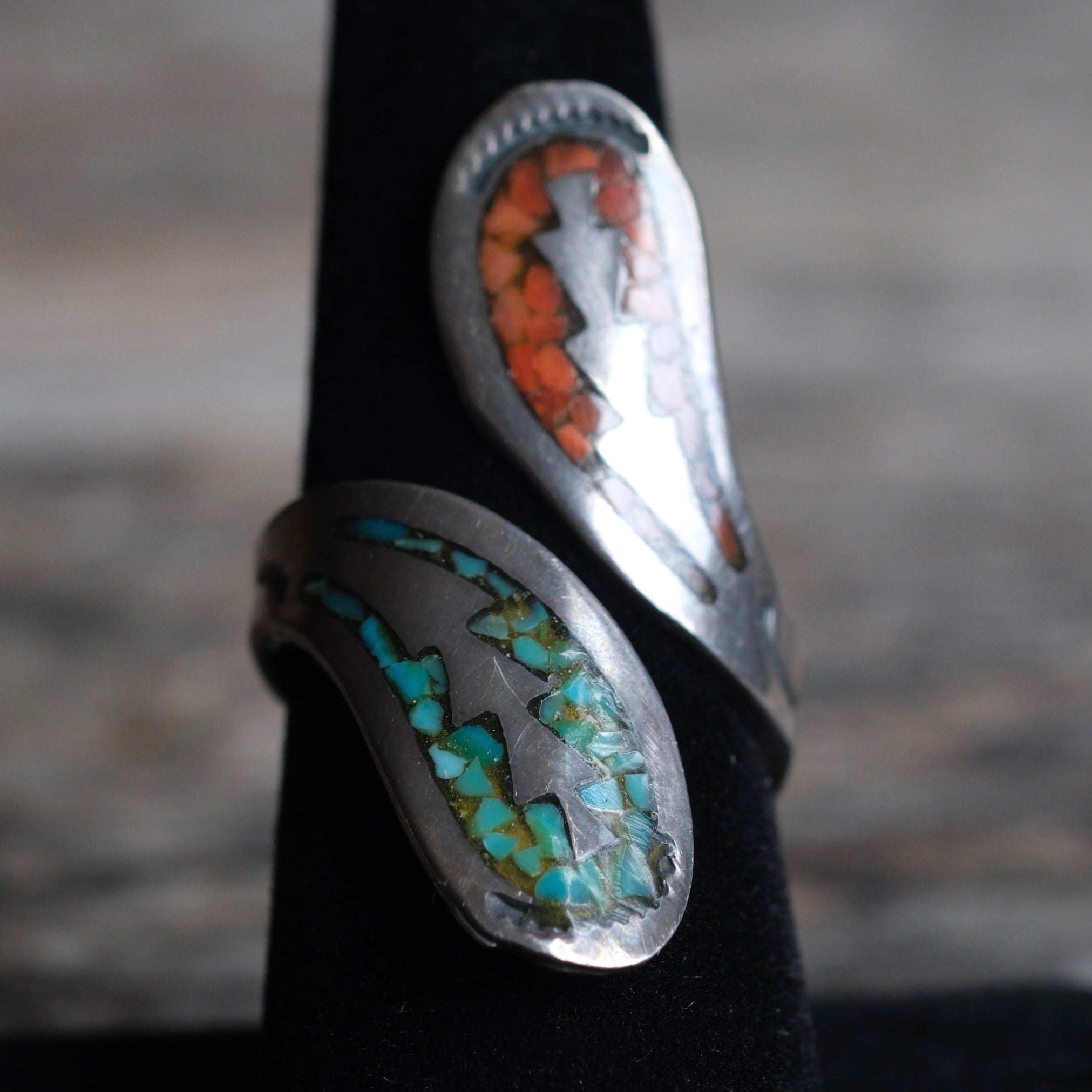 Vintage Sterling Turquoise and Coral Overpass Ring 8