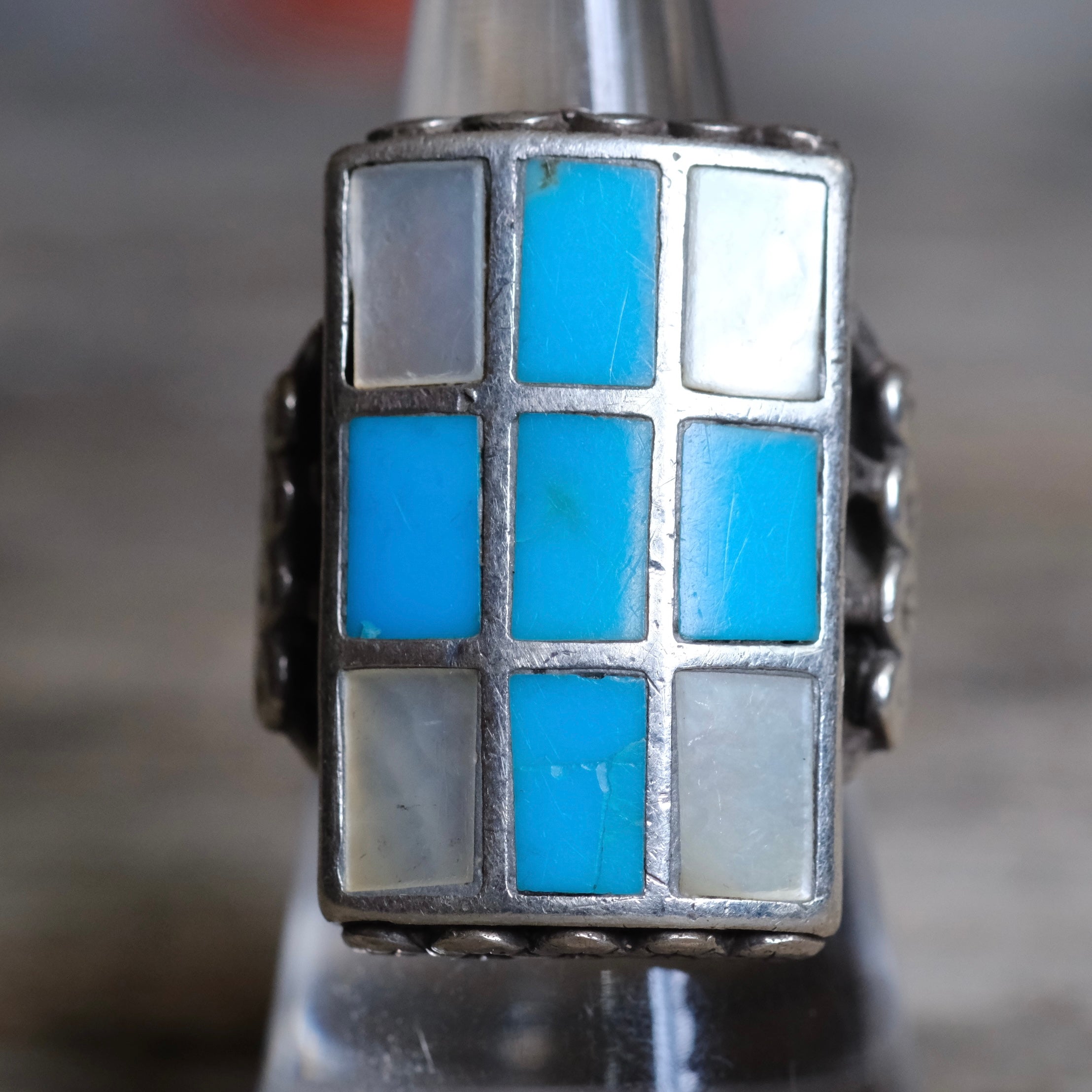 Vintage Sterling Turquoise and Mother Of Pearl Inlay Panel Ring 8