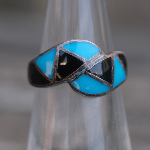 Vintage Sterling Onyx and Turquoise Inlay Ring 4.75