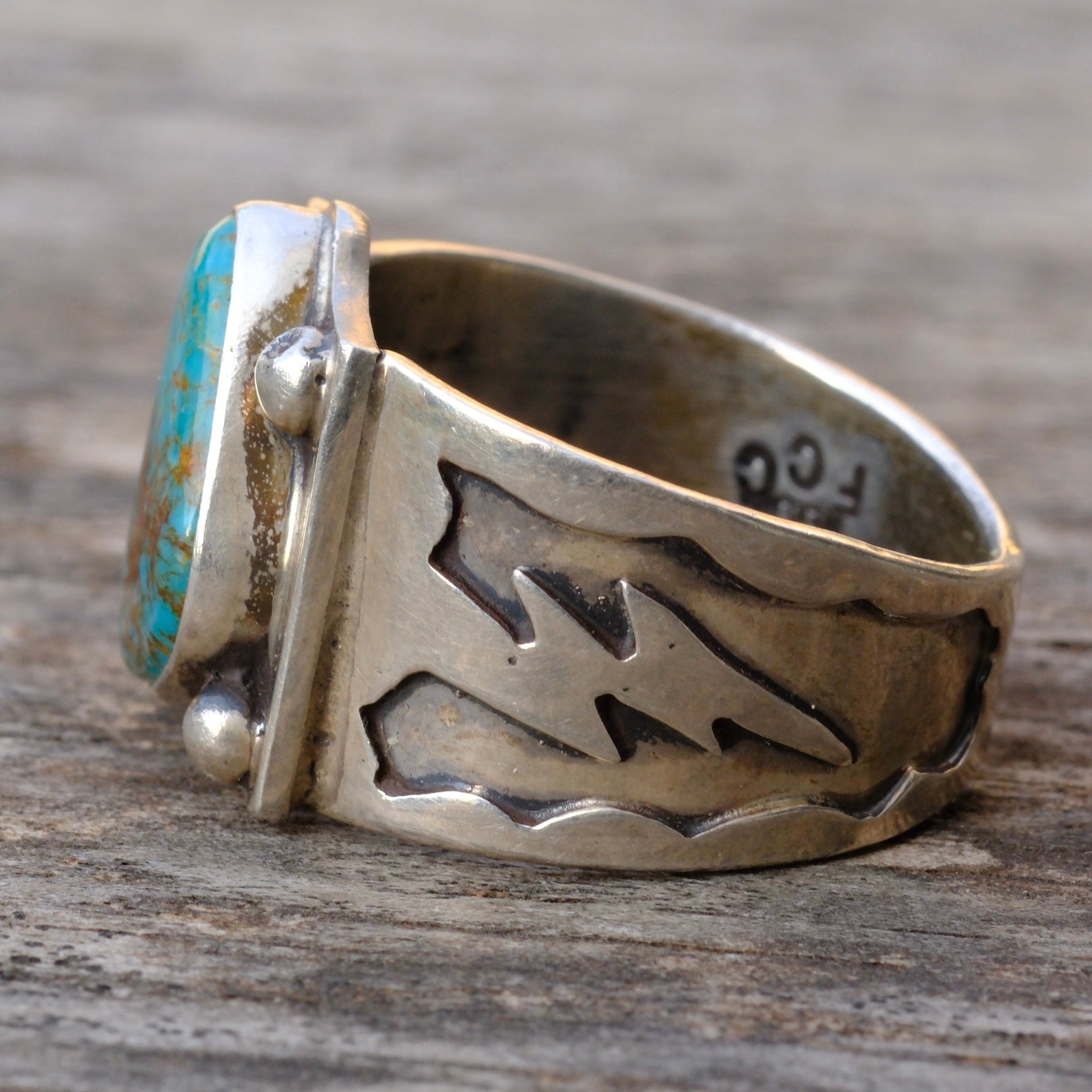 Sterling Silver Stamped Band Turquoise Ring 13.75