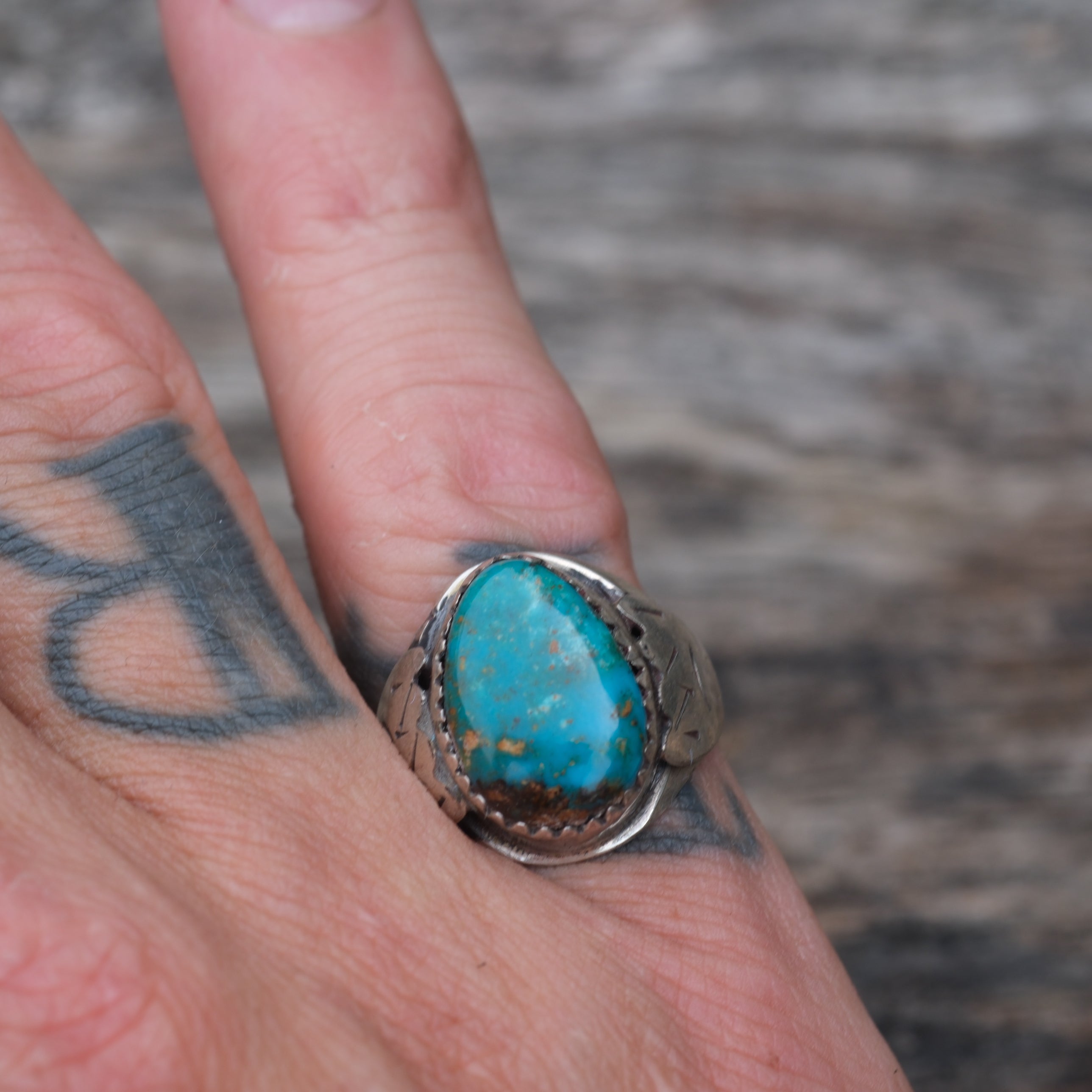 Vintage Sterling Turquoise Stamped Band Ring 7.5