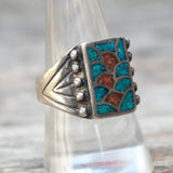 Vintage Sterling Turquoise and Coral Inlay Ring 9.25