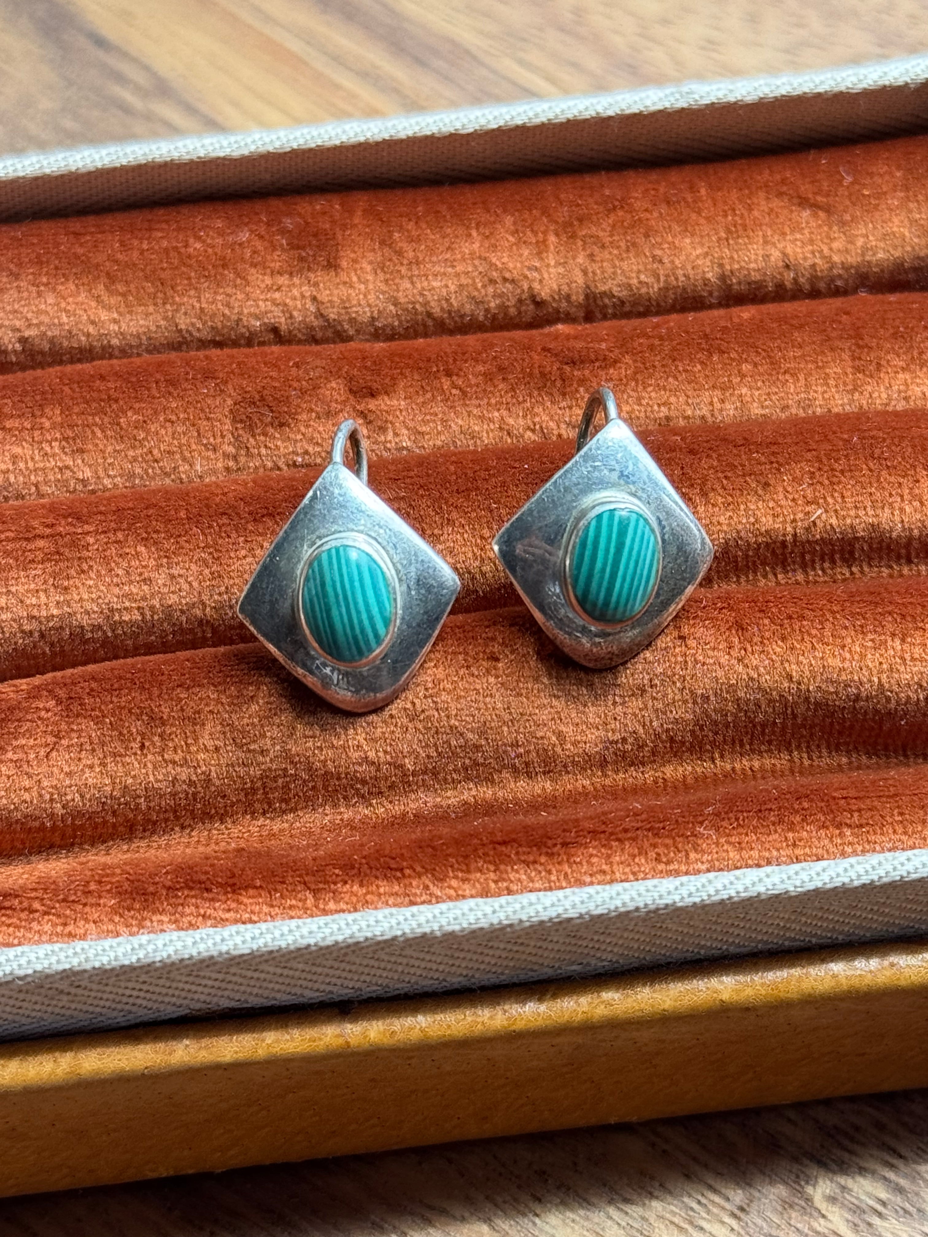 Vintage Sterling Silver Malachite Diamond Earrings