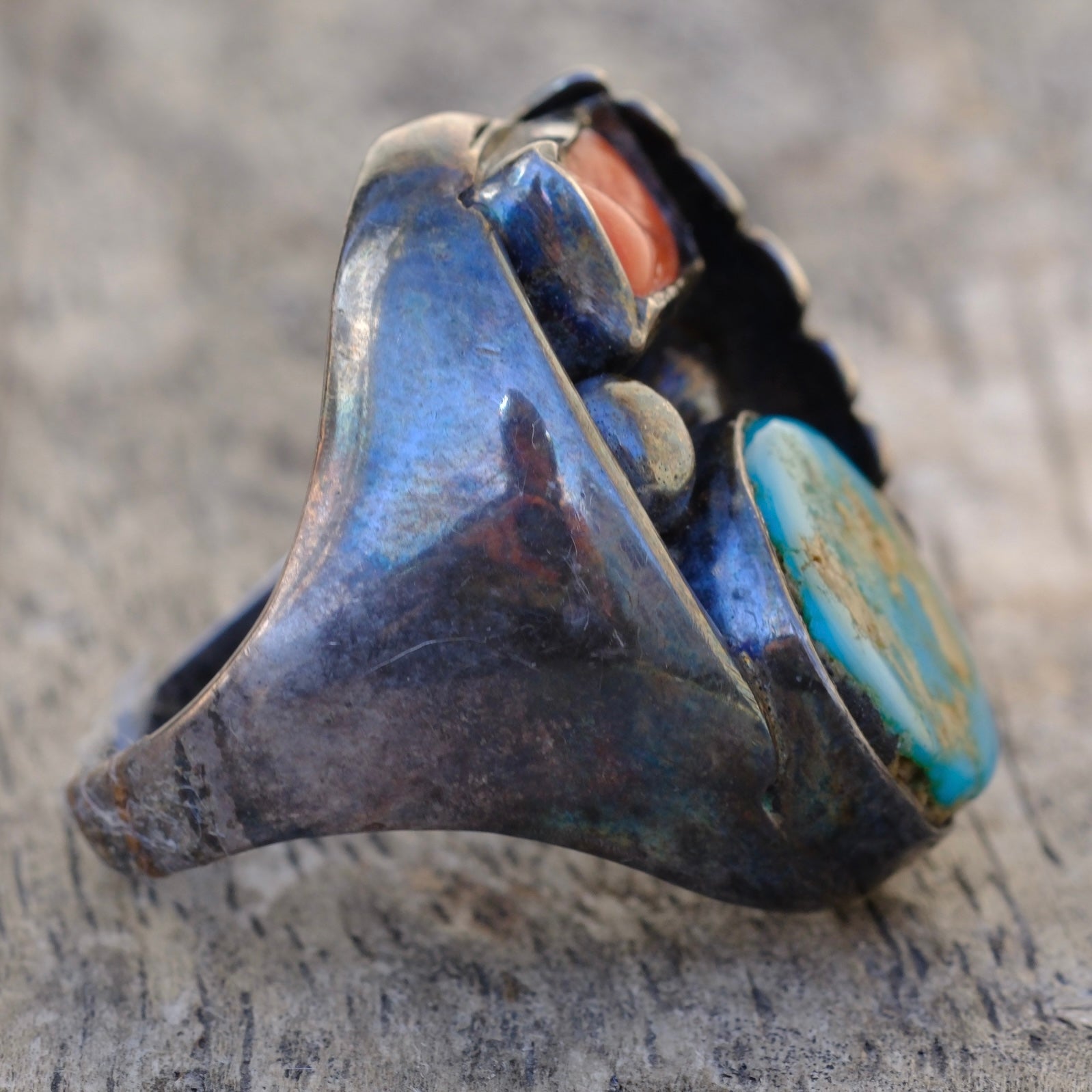 Vintage Sterling Turquoise and Coral Feather Ring 7.5