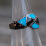 Vintage Sterling Onyx and Turquoise Inlay Ring 4.75