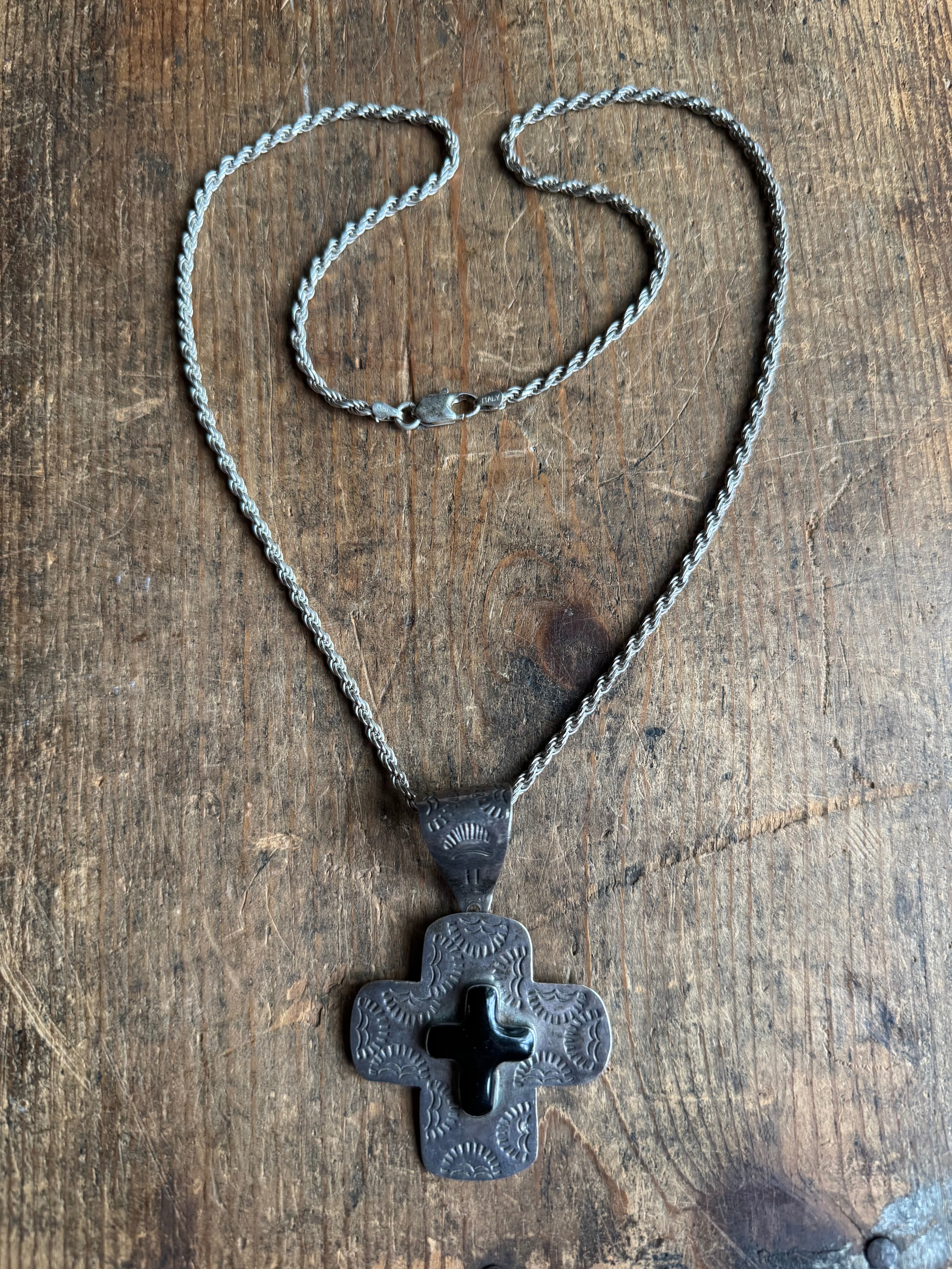 Vintage Sterling Silver Onyx Stamped Cross Necklace