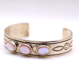 Vintage Sterling 3-Stone Mother Of Pearl Stamped Cuff Bracelet 6.25"