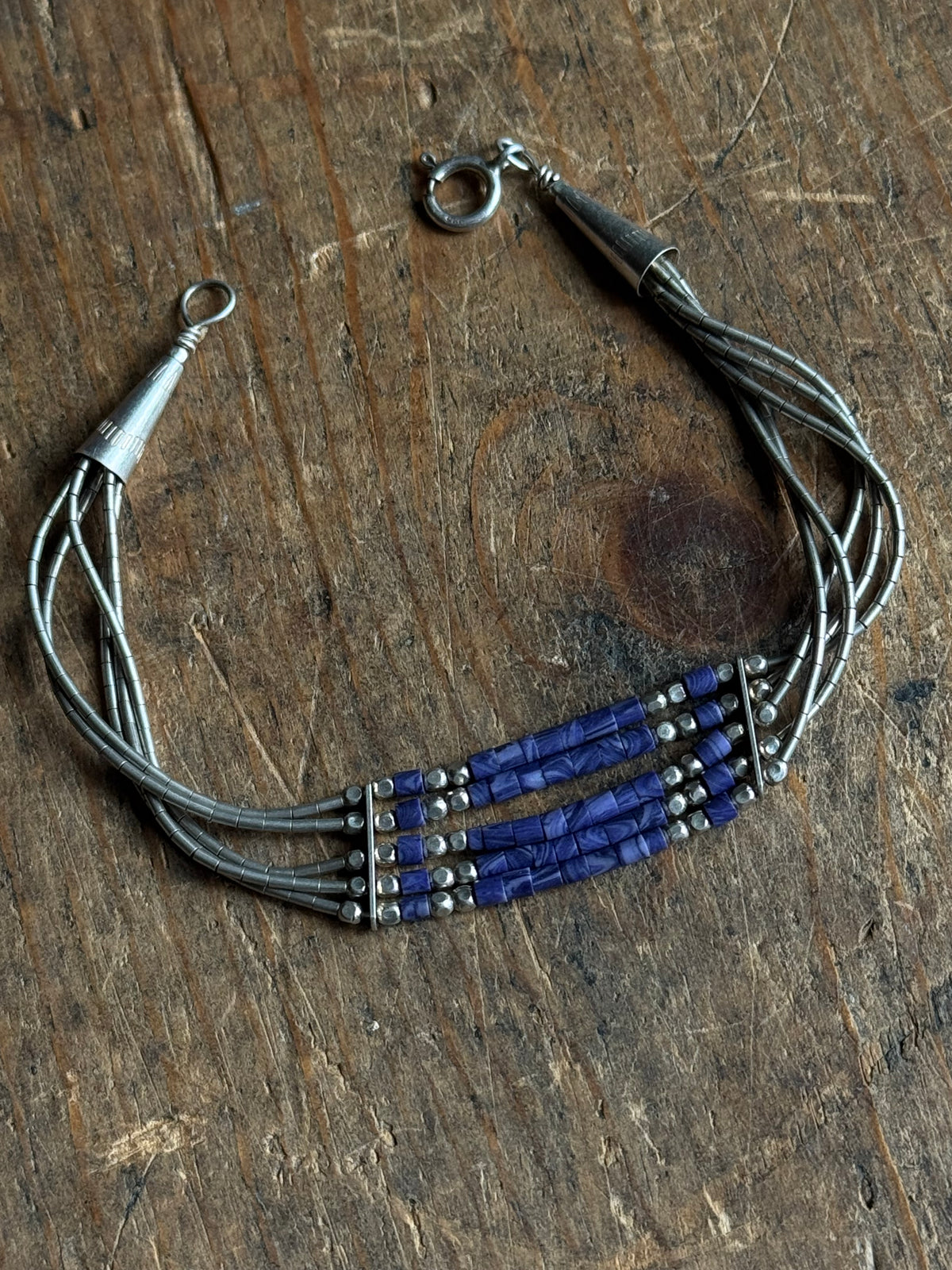 Vintage Sterling Silver Beaded Lapis Liquid Silver Bracelet
