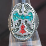 Vintage Sterling Crushed Turquoise and Coral Thunderbird Ring 10