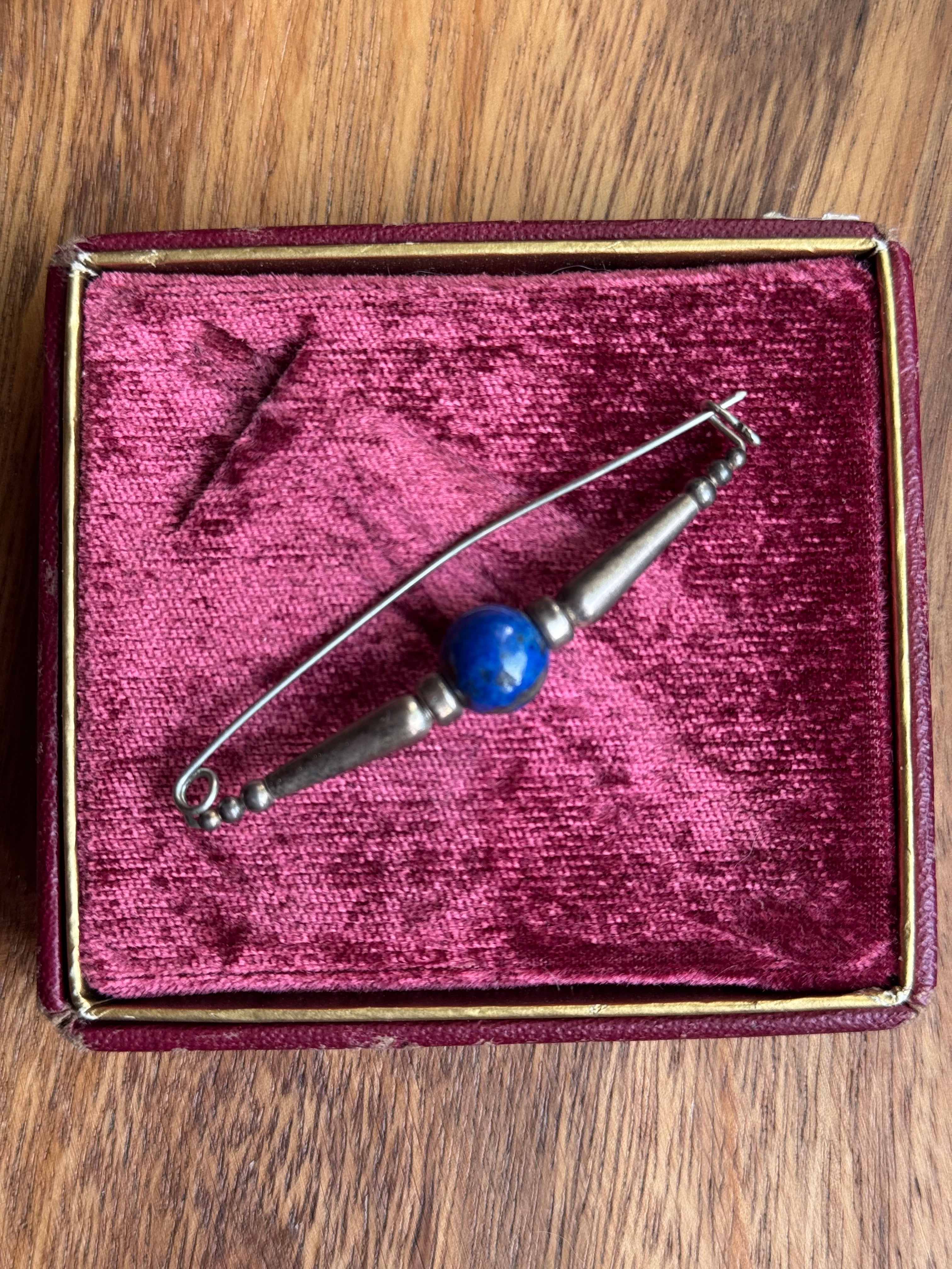 Vintage Sterling Silver Lapis Lazuli Safety Pin