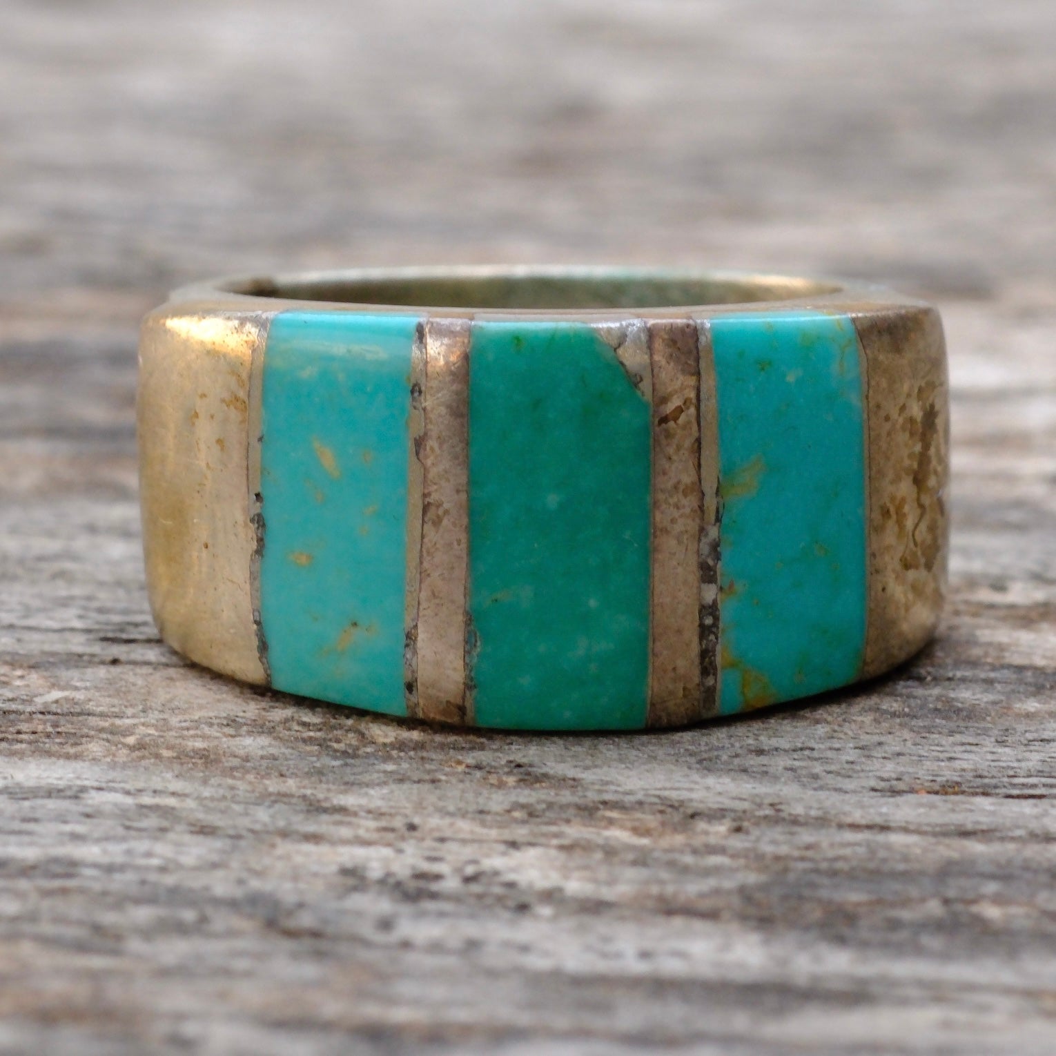 Vintage Sterling Thick Turquoise Inlay Band Ring 8