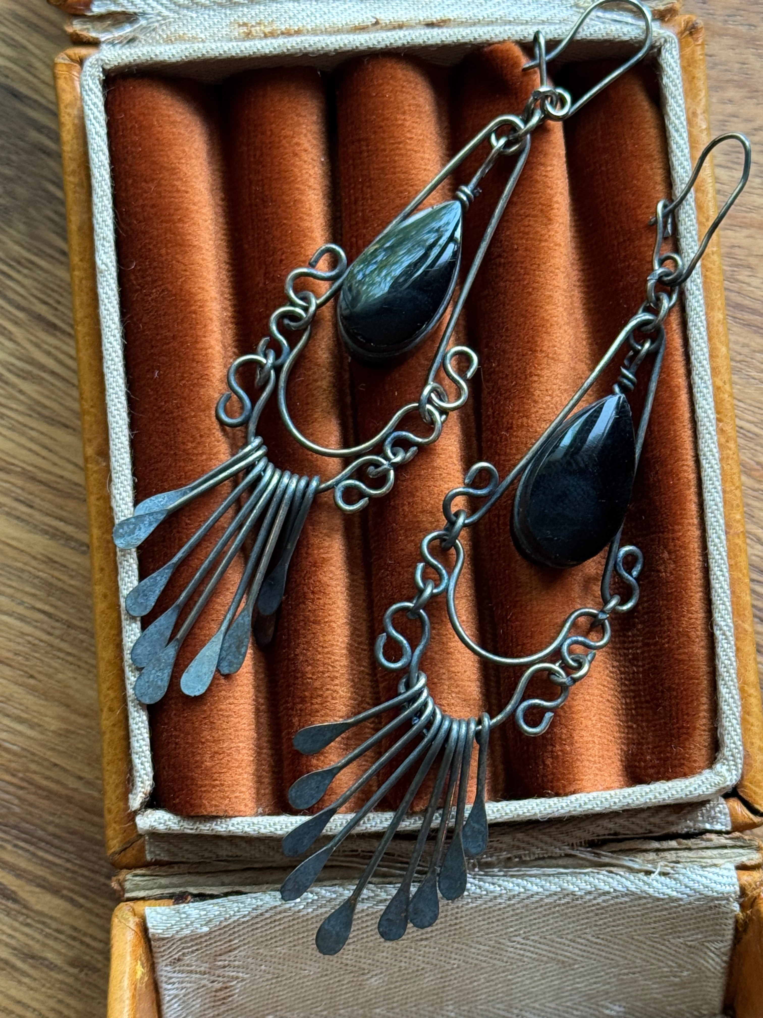 Vintage Sterling Silver Onyx Chandelier Earrings