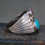 Vintage Sterling Turquoise and Coral Ribbed Band Ring 8.5