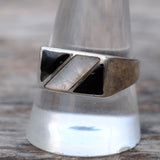 Vintage Sterling Onyx and Mother Of Pearl Inlay Ring 10.75