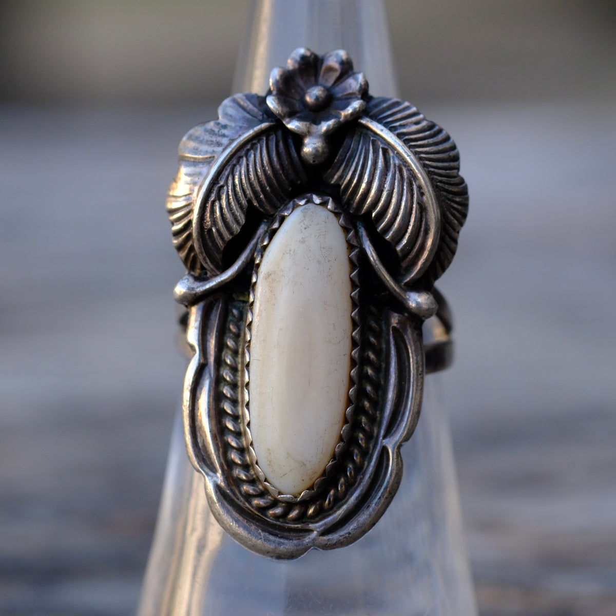 Vintage Sterling Mother Of Pearl Feather Ring 6.5