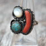 Vintage Sterling Turquoise Coral and MOP Ring 7