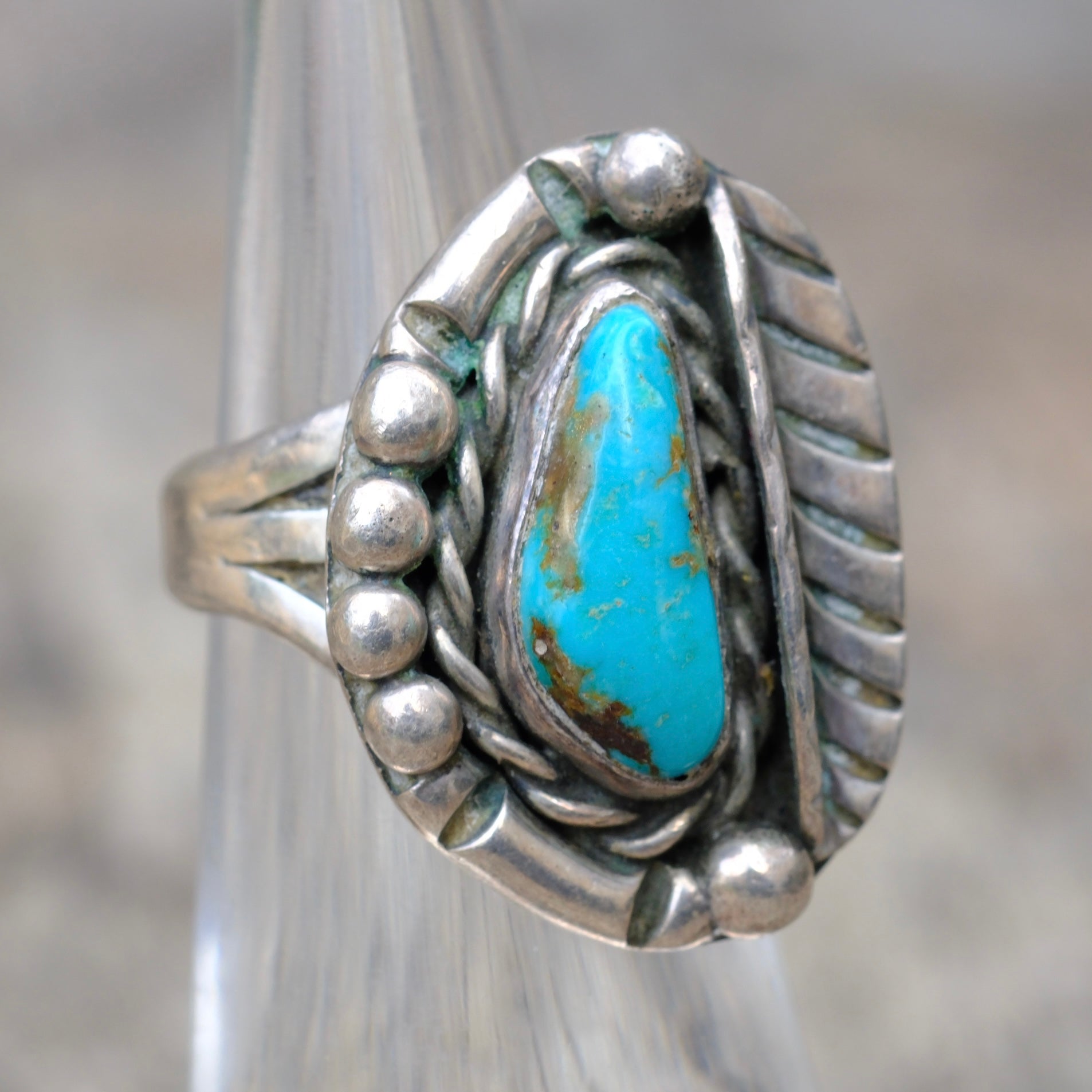 Vintage Sterling Turquoise Feather Ring 5.25