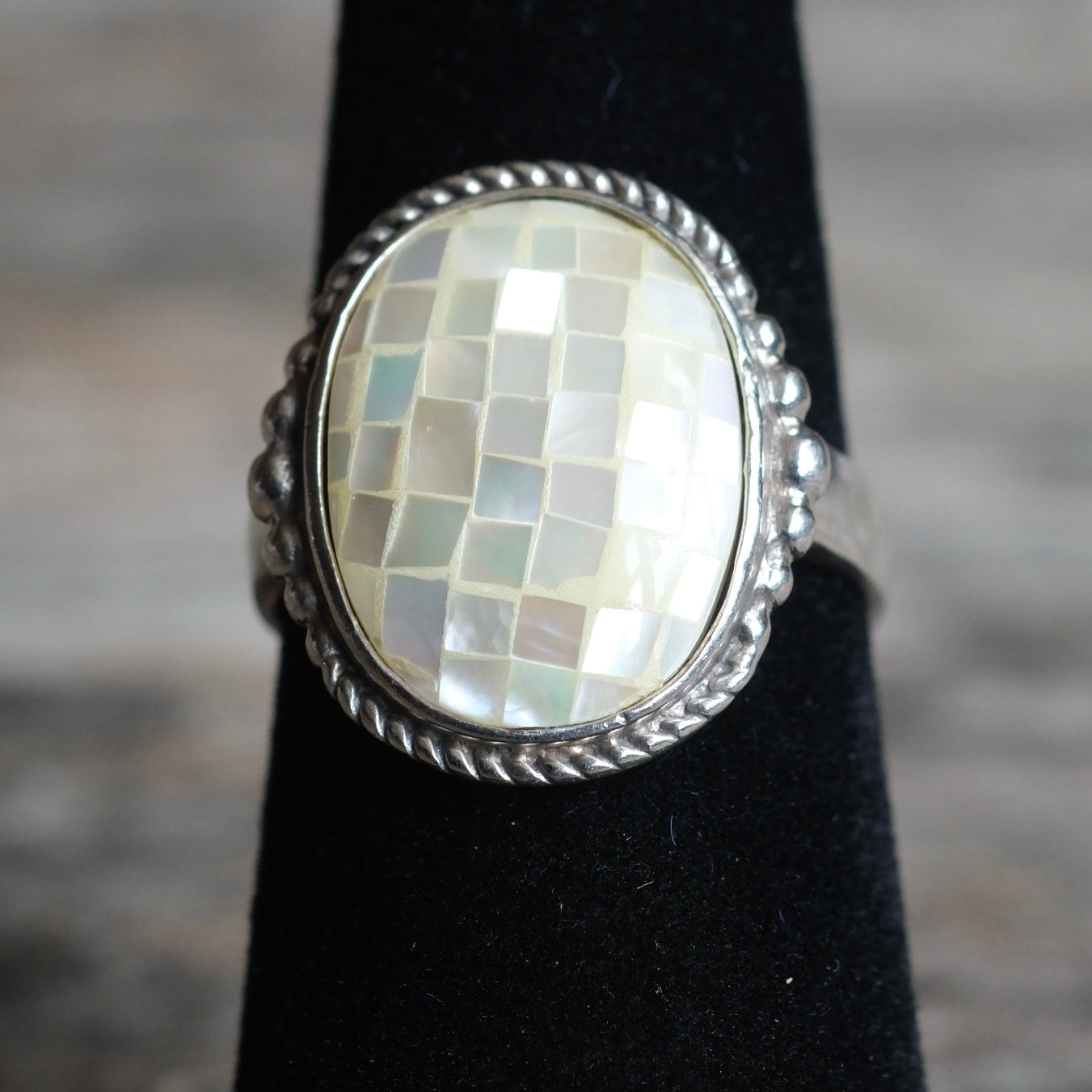 Vintage Sterling Mother Of Pearl Inlay Ring 6.25