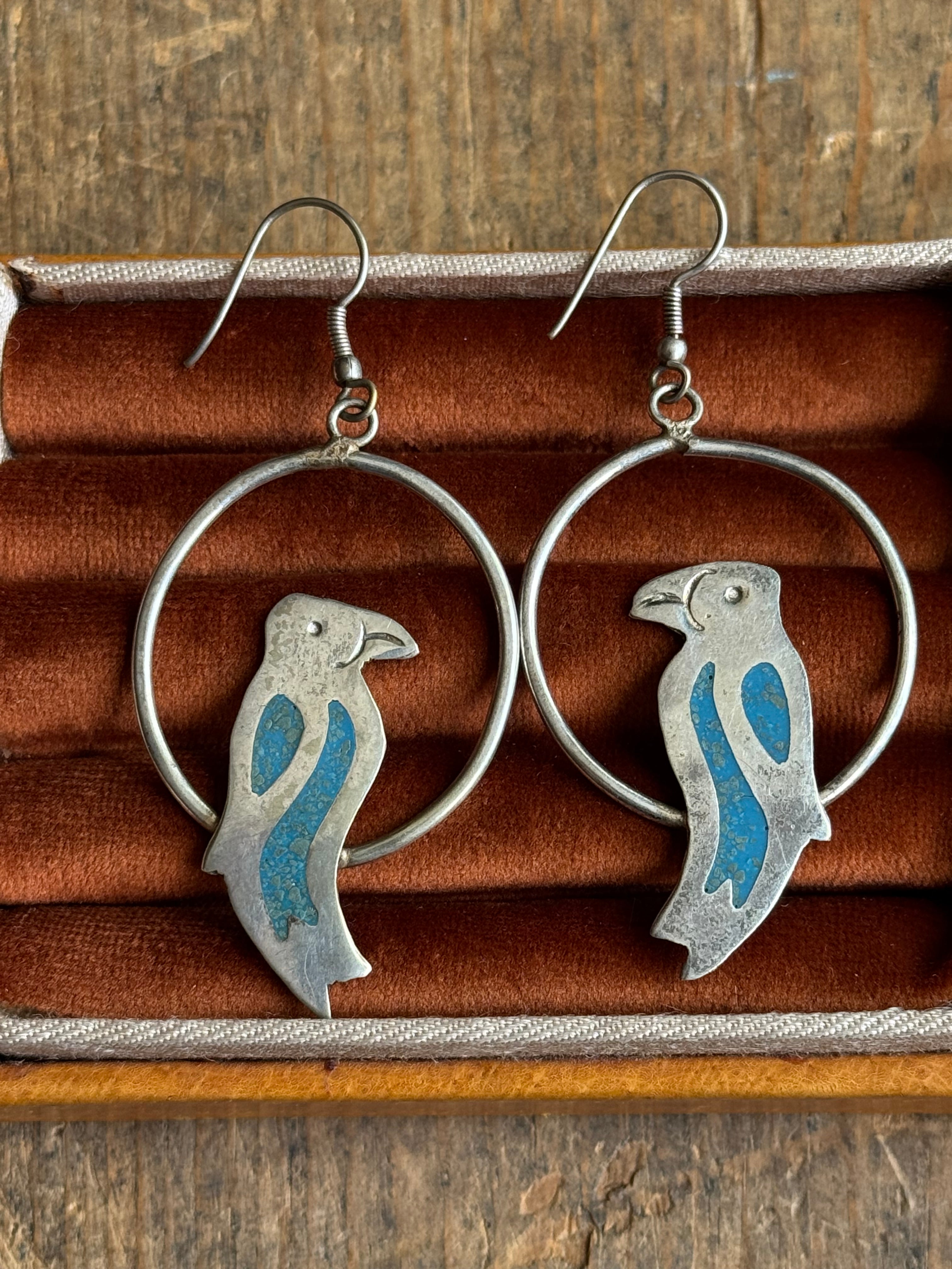 Vintage Alpaca Silver Turquoise Inlay Parrot Earrings