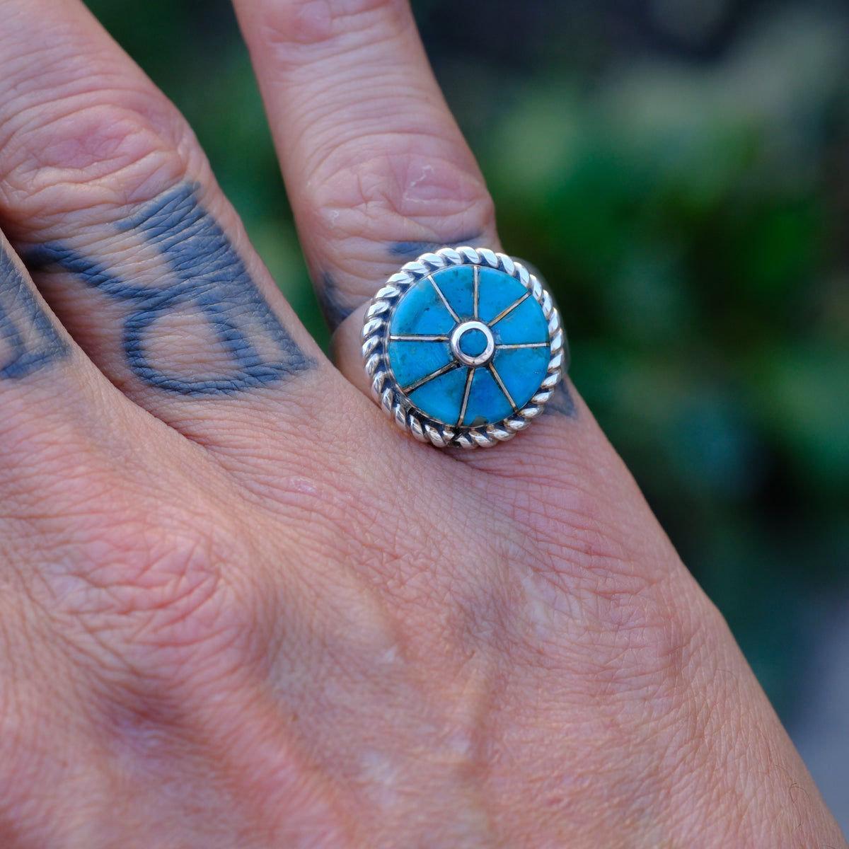 Vintage Sterling Turquoise Inlay Pinwheel Ring 8