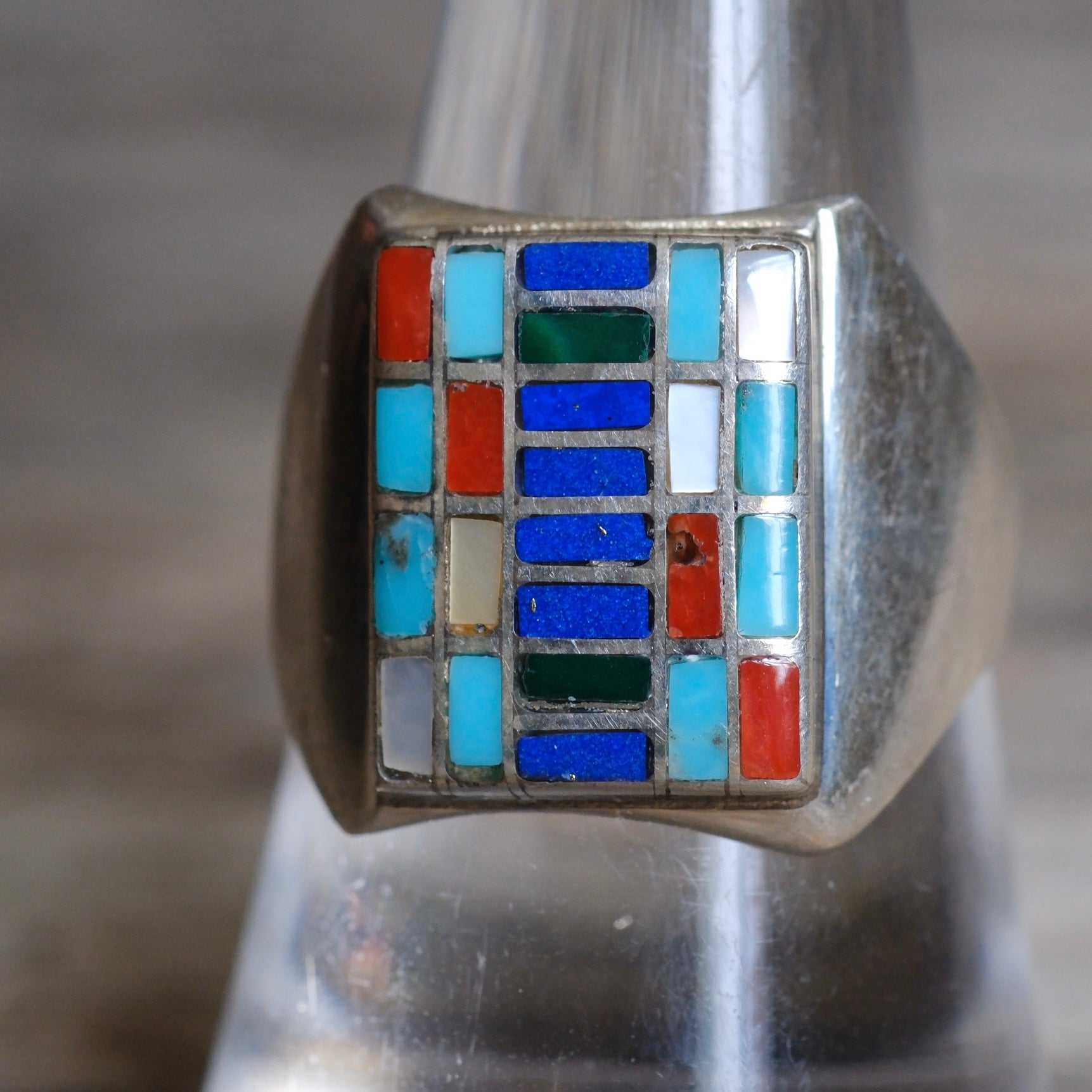 Vintage Sterling Multistone Inlay Mosaic Signet Ring 9
