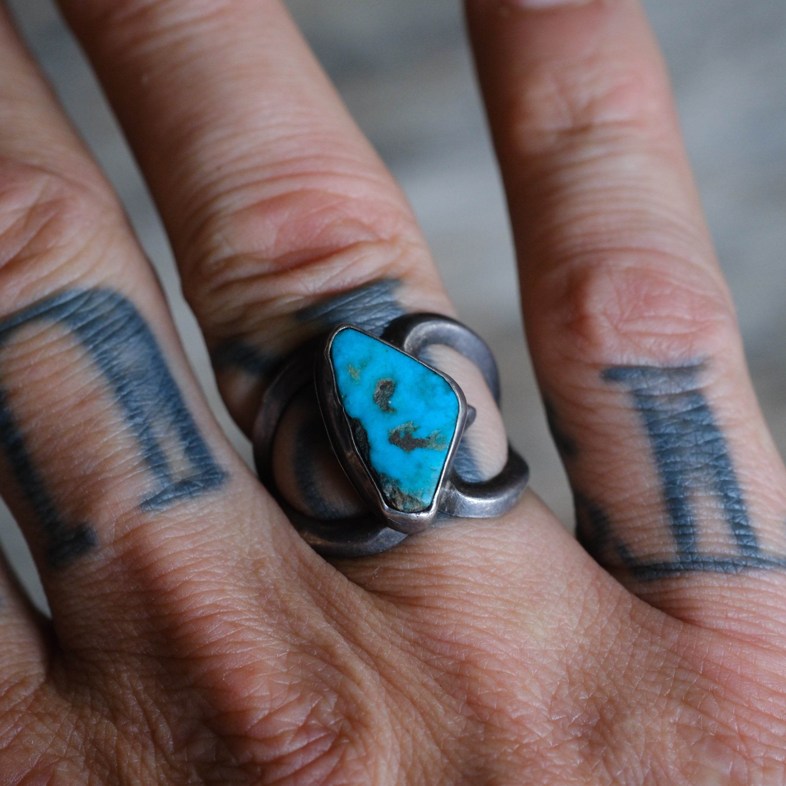 Vintage Sterling Turquoise Sand Cast Ring 8.5
