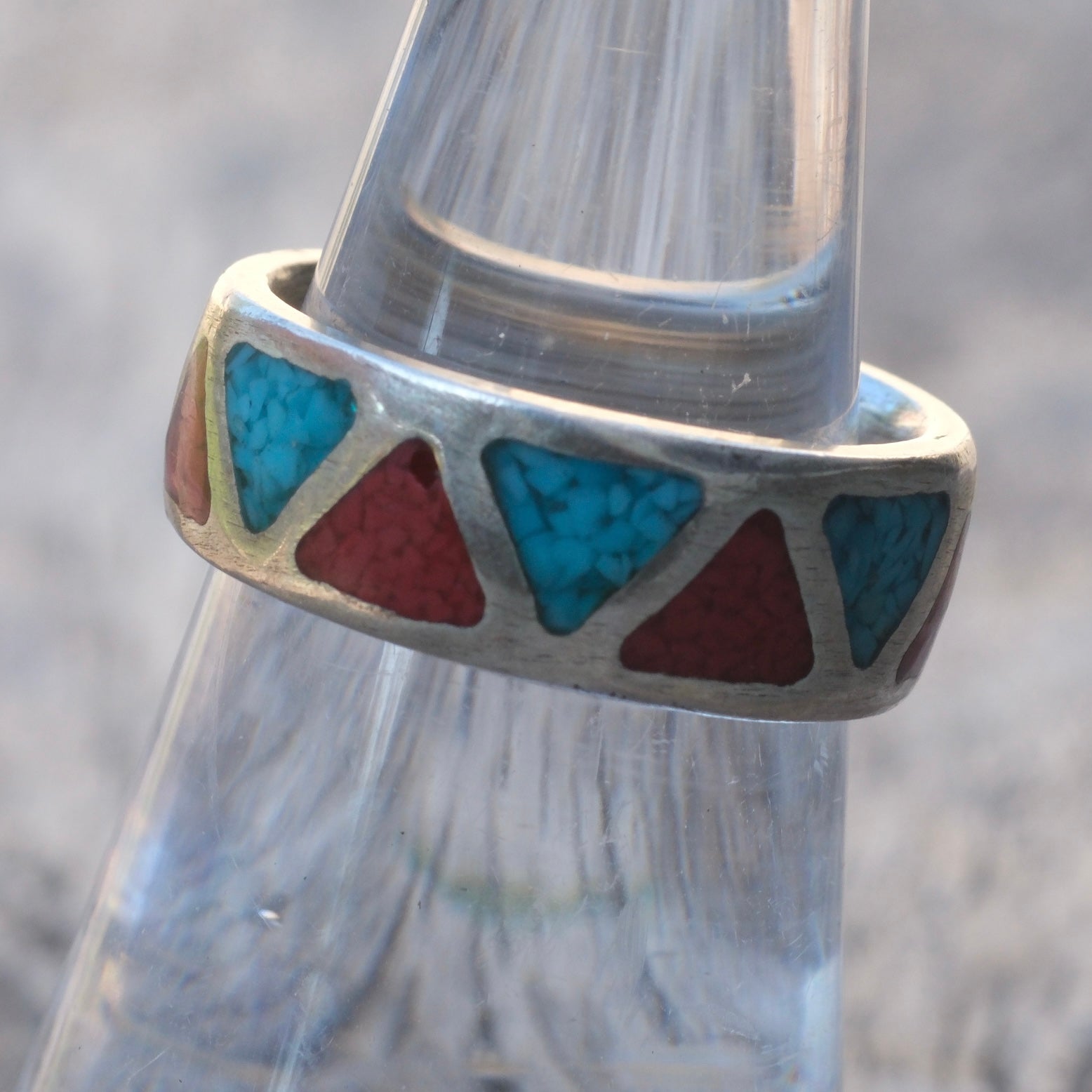Vintage Sterling Turquoise and Coral Inlay Band 6.75