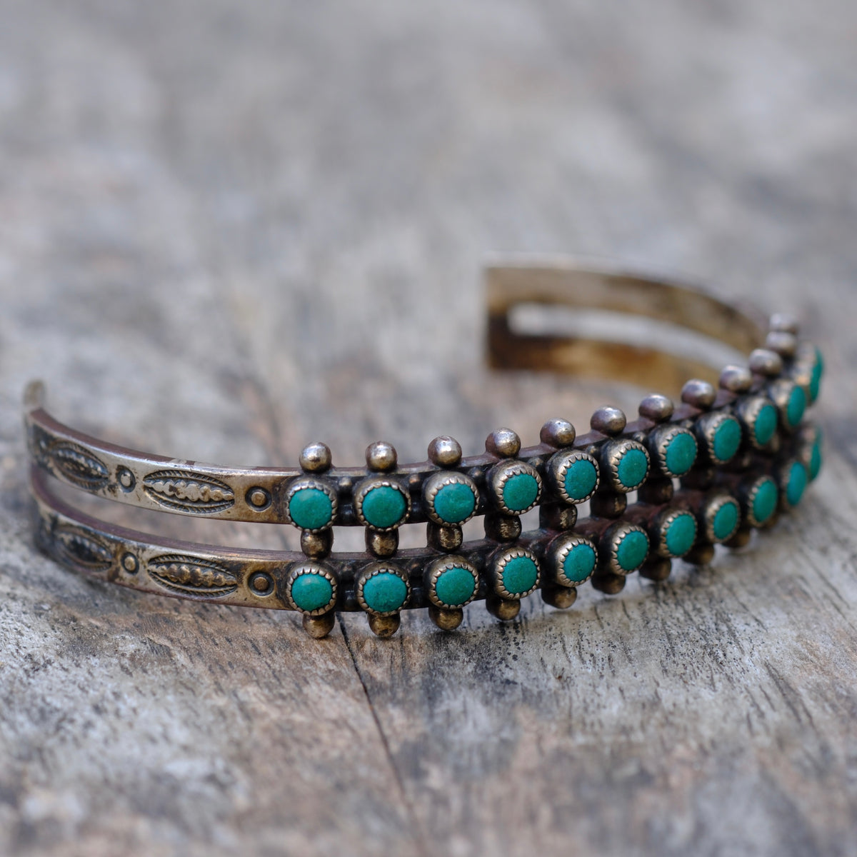 Vintage Sterling Snake Eye Turquoise Double Row Stamped Cuff Bracelet