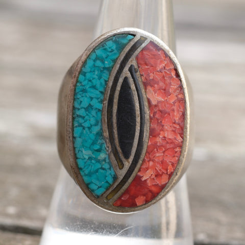 Vintage Sterling Turquoise and Coral Inlay Ring 8.75