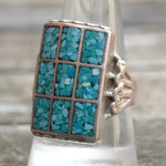 Vintage Sterling Crushed Turquoise Inlay Panel Ring 10.5