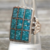 Vintage Sterling Crushed Turquoise Inlay Panel Ring 10.5