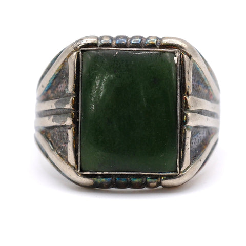 Vintage Sterling Jade Signet Ring 11.5