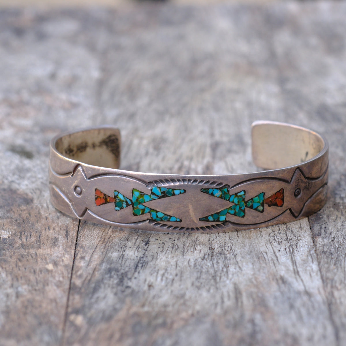 Vintage Sterling Turquoise and Coral Inlay Cuff Bracelet