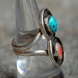 Vintage Sterling Turquoise and Coral Ring 7.5
