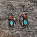 Vintage Sterling Turquoise and Coral Feather Earrings