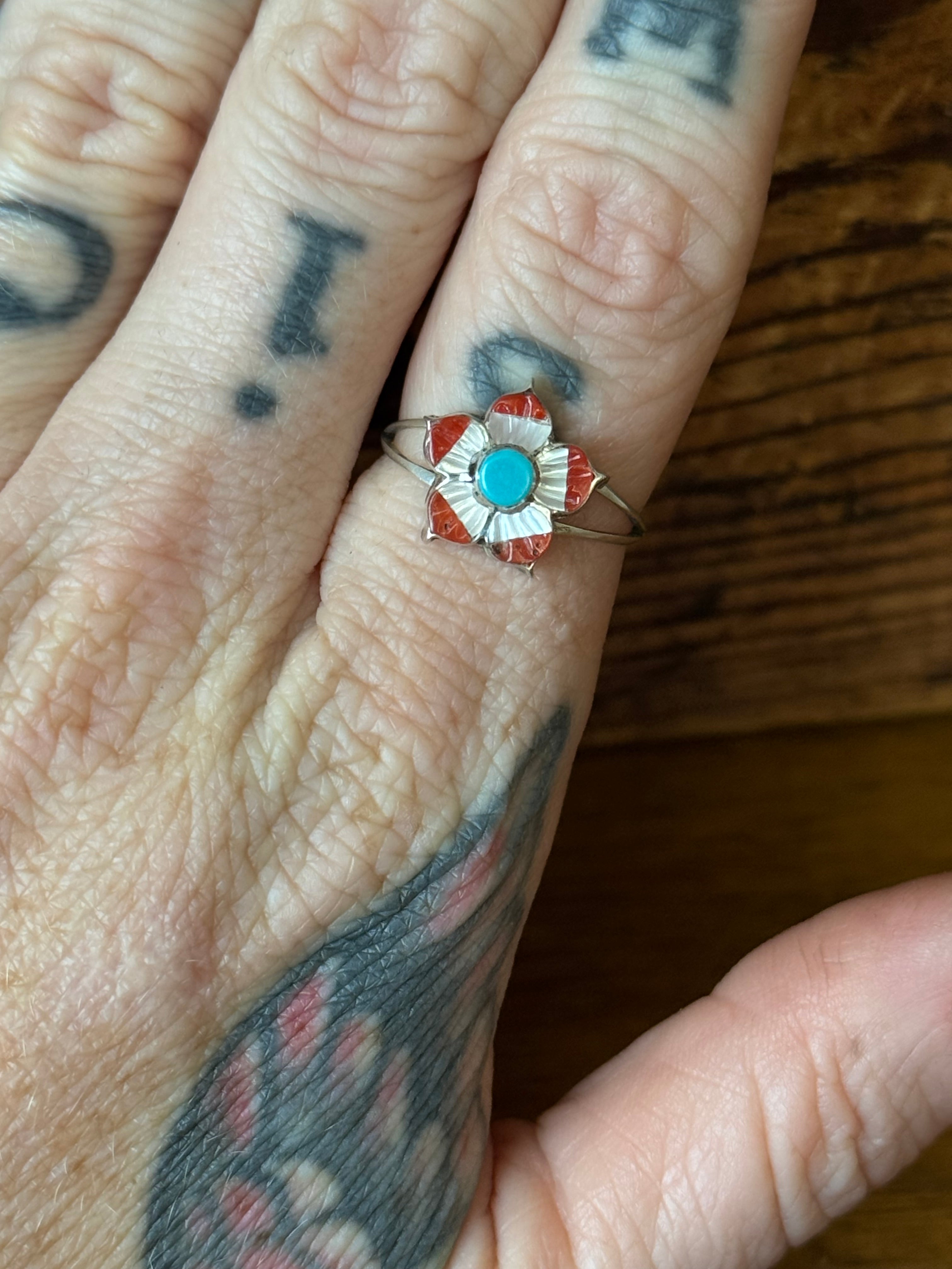 Vintage Sterling Silver Multistone Inlay Flower Ring 6.75