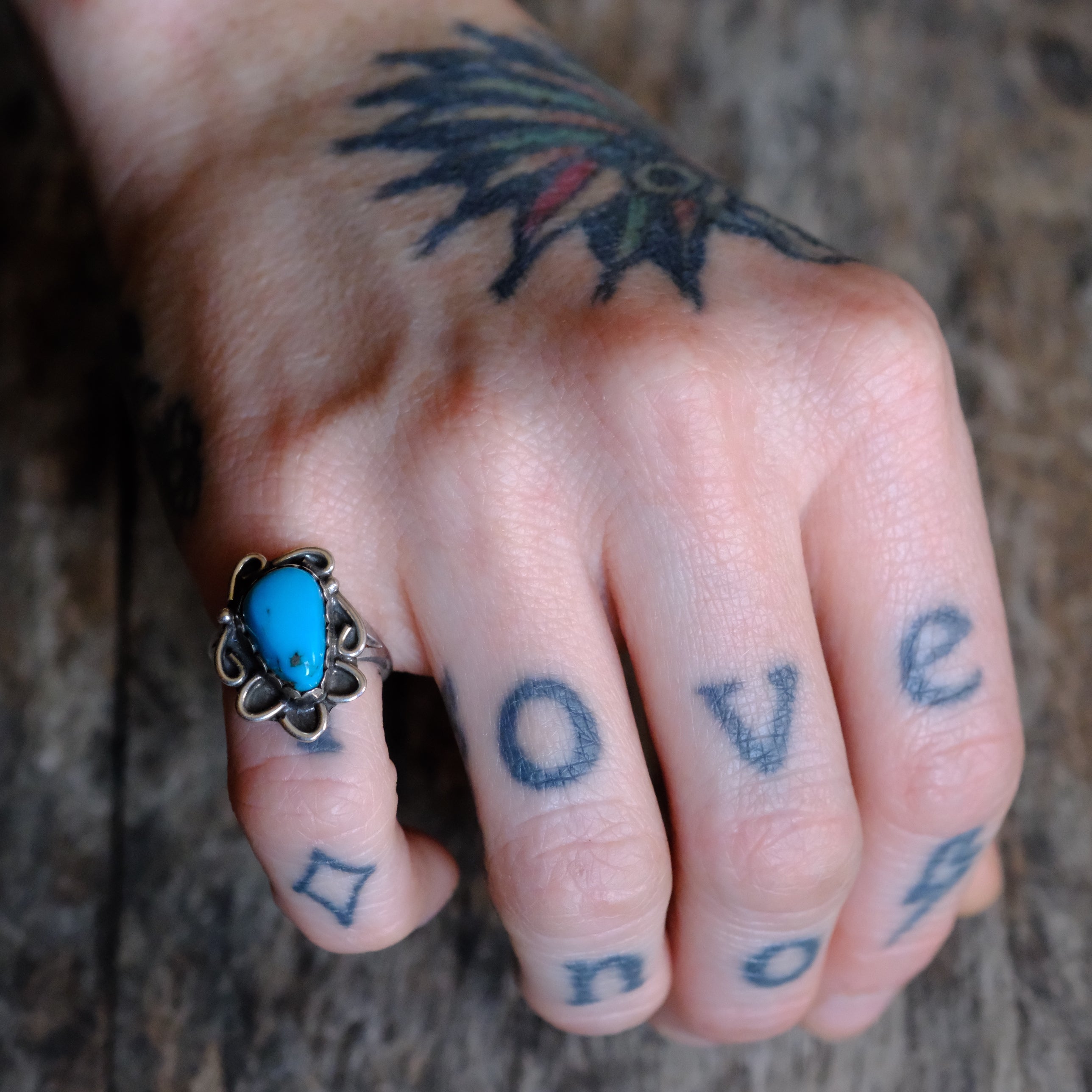 Vintage Sterling Turquoise Florette Ring 5.25
