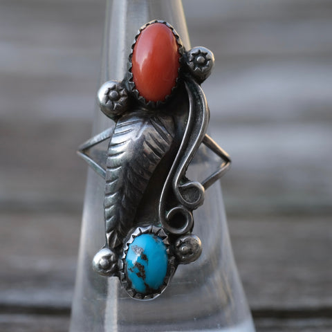 Vintage Sterling Turquoise and Coral Feather Ring 6.5