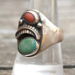 Vintage Sterling Turquoise and Coral Feather Ring 9.75