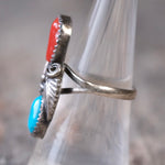 Vintage Sterling Turquoise and Coral Feather Ring 7