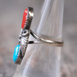 Vintage Sterling Turquoise and Coral Feather Ring 7