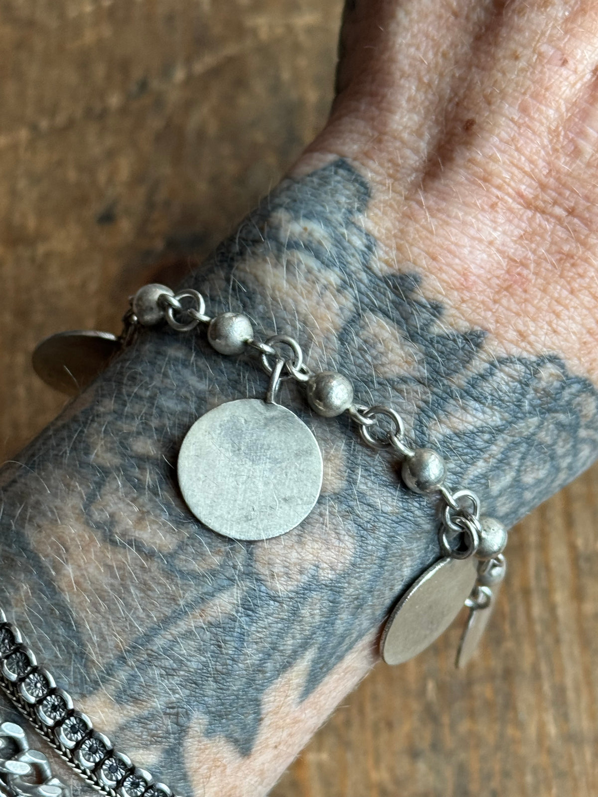 Vintage Sterling Silver Disc Charm Chain Bracelet