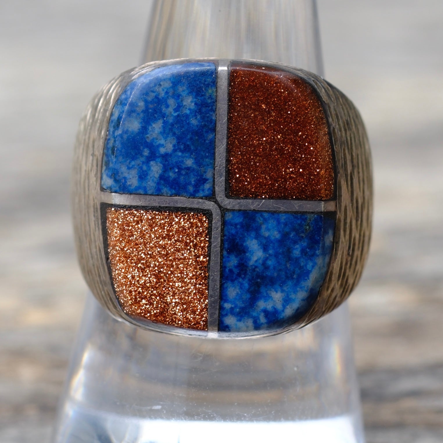Vintage Sterling Lapis and Goldstone Inlay Ring 9