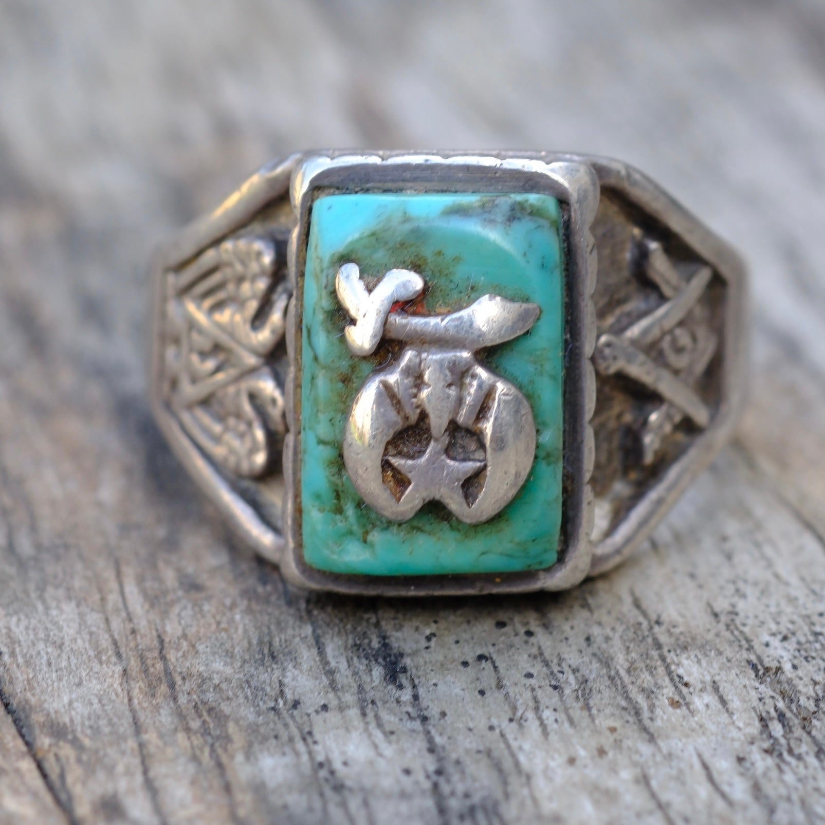 Vintage Sterling Turquoise Masonic Signet Ring 11