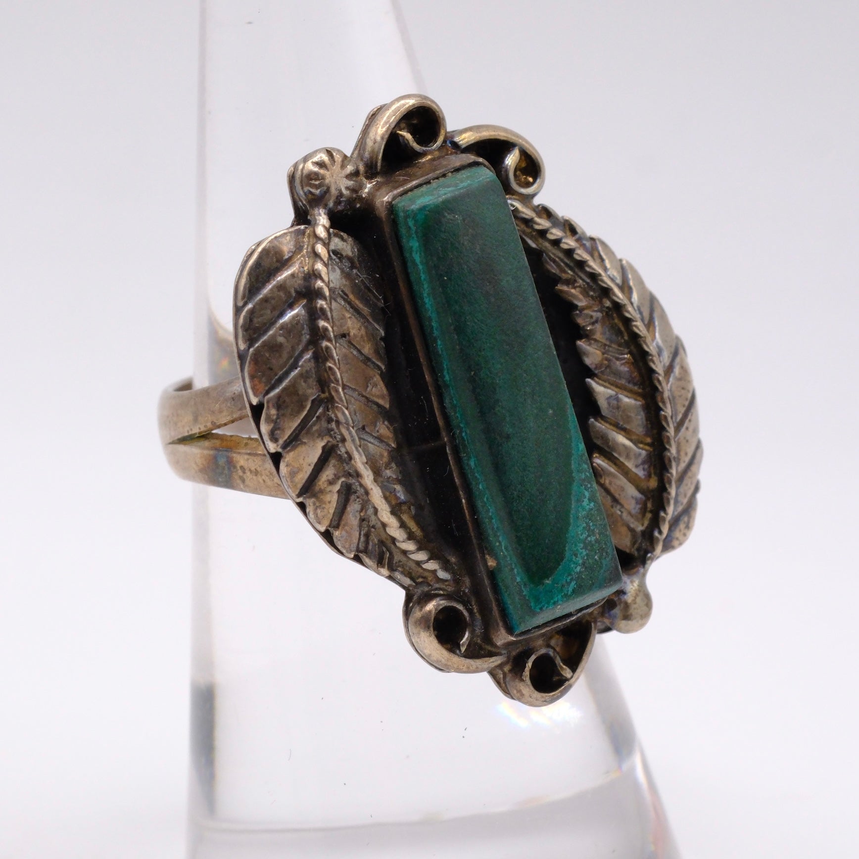 Vintage Sterling Malachite Feather Ring 6.75