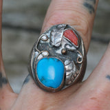 Vintage Sterling Turquoise and Coral Feather Ring 8.75