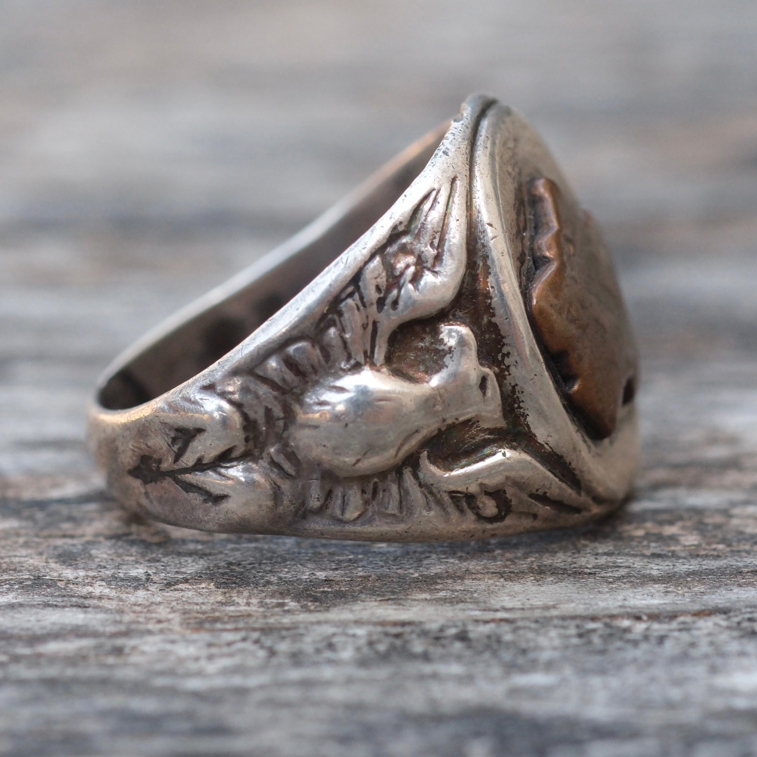 Vintage Sterling Silver WORN Military Signet Ring 7.75
