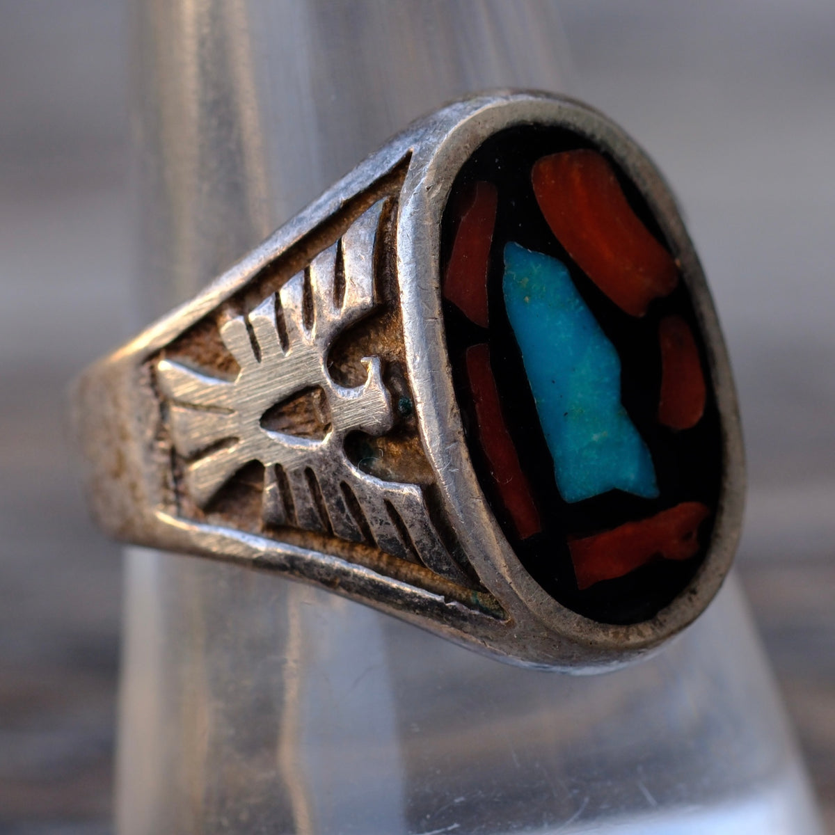 Vintage Sterling Turquoise and Coral Chip Thunderbird Ring 9.5