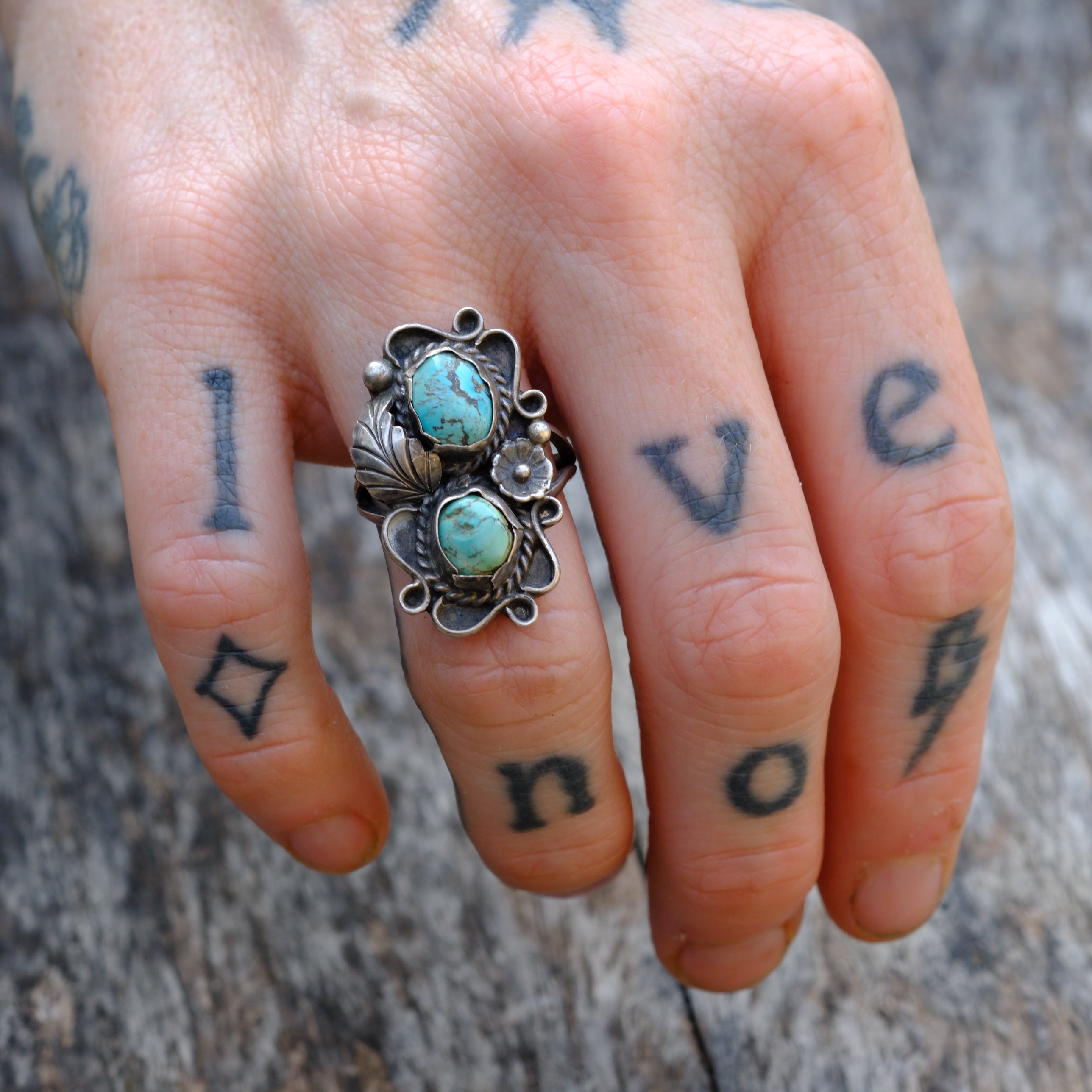 Vintage Sterling 2-Stone Turquoise Feather Ring 5.75