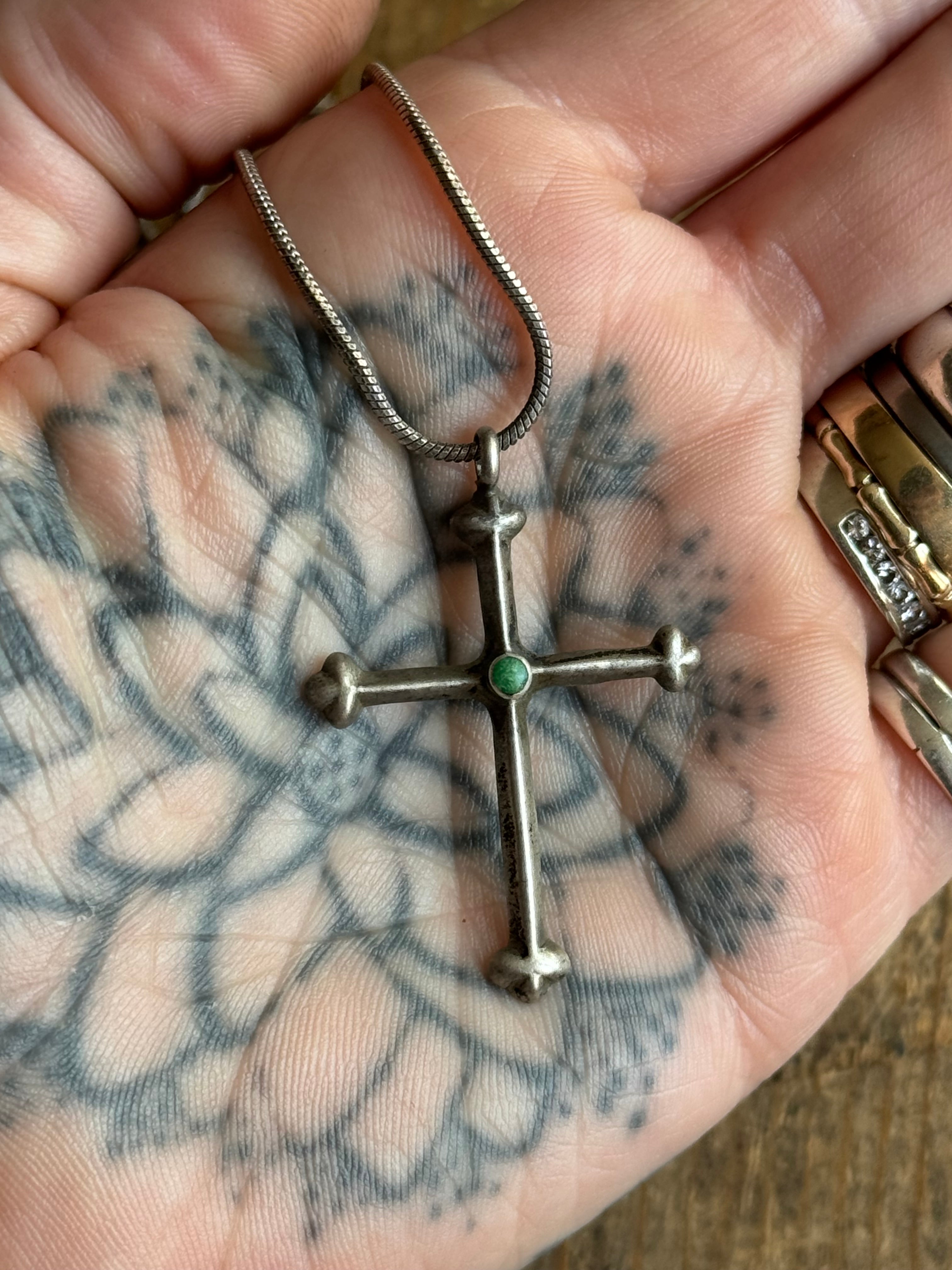 Vintage Sterling Silver Turquoise Cross Necklace